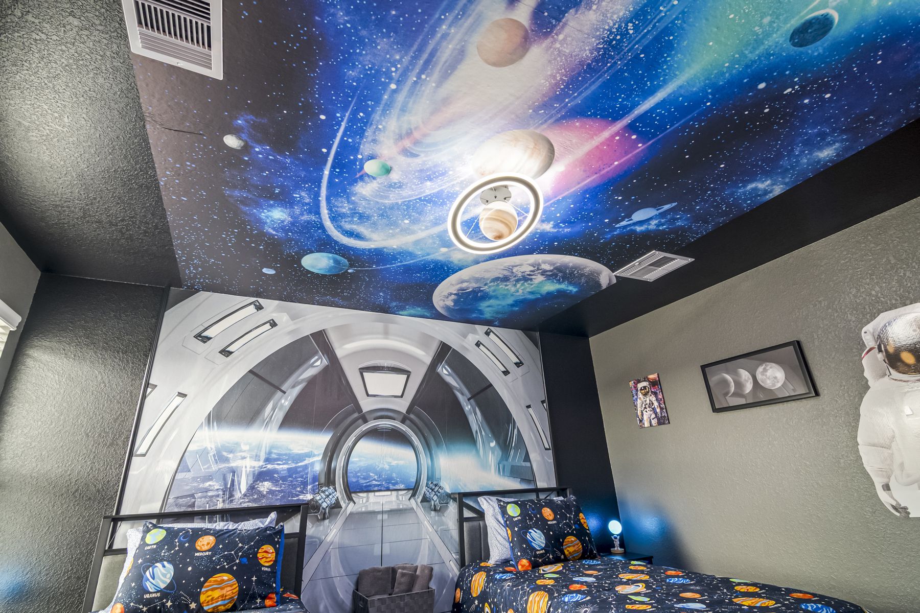 NASA themed bedroom with a planet ceiling